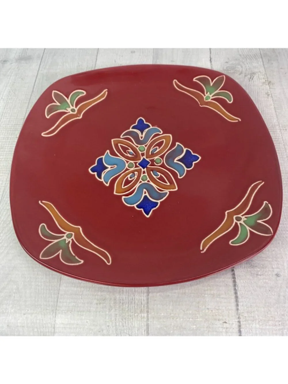 Better Homes & Gardens MEDALLION Floral Red Square Stoneware Dinner Plate Set 3